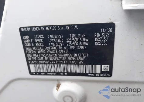 2021 Honda Hr-V 2Wd Sport z USA, uszkodzony, nr VIN 3CZRU5H12MM708947